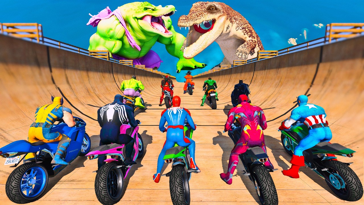 SPIDERMAN vs SUPERHEROES RACING MOTORBIKES JUMP CHALLENGE on CROCODILE MEGA JUMP RAMP  - GTA 5