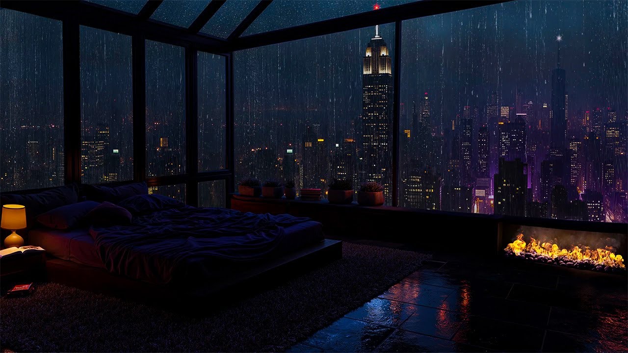 Rainy Winter Night in a Cozy City Bedroom 🌧️ | Gentle Piano & Fireplace Ambience for Relax, Focus