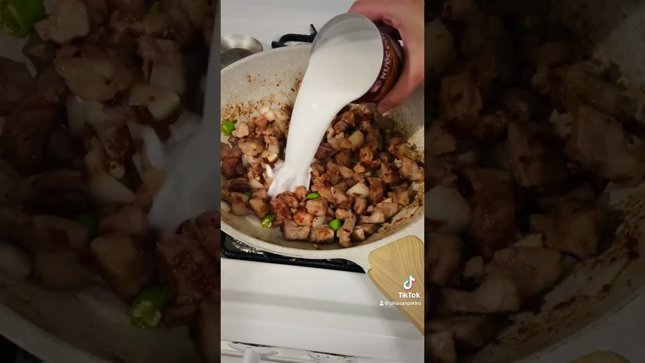 Bicol Express. A recipe from Philippines. Made with pork, chili, bagoong and coconut milk. So good.