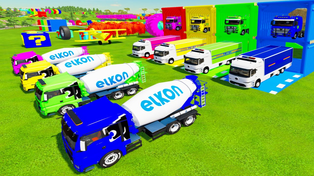 Colorful trucks - ALL COLORED MAN ELKON MIXER TRUCK, MERCEDES OPLICE TRUCK TRANSPORTING WITH TRUCK