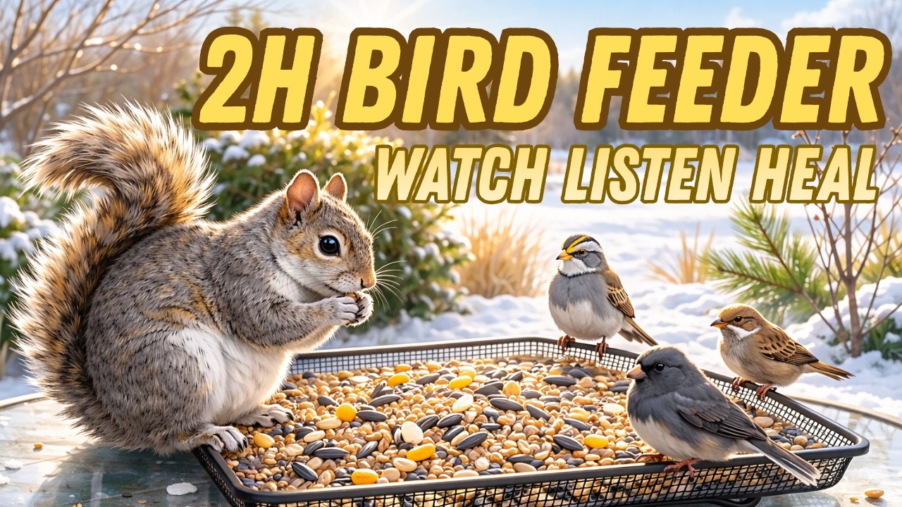 2 hours | 4K | Winter Birds & Squirrels at the Feeder | Natural Sounds | Watch Listen Heal