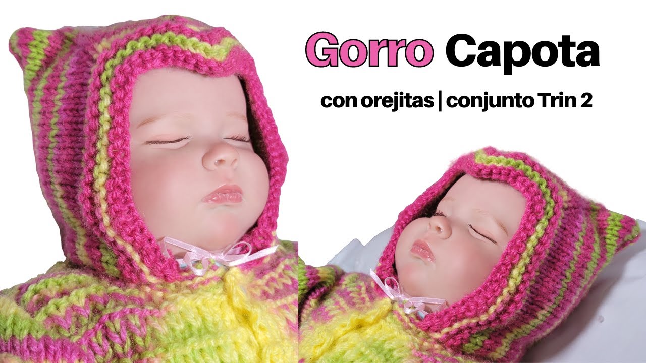 Gorro Capota de Bebé a Dos Agujas Lana Matizada con Orejitas – Cojunto Trin 2