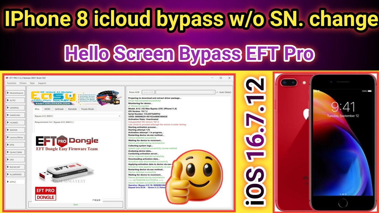 IPhone 8 icloud bypass EFT Pro iOS 16.7.12 w/o SN. Change |  2026