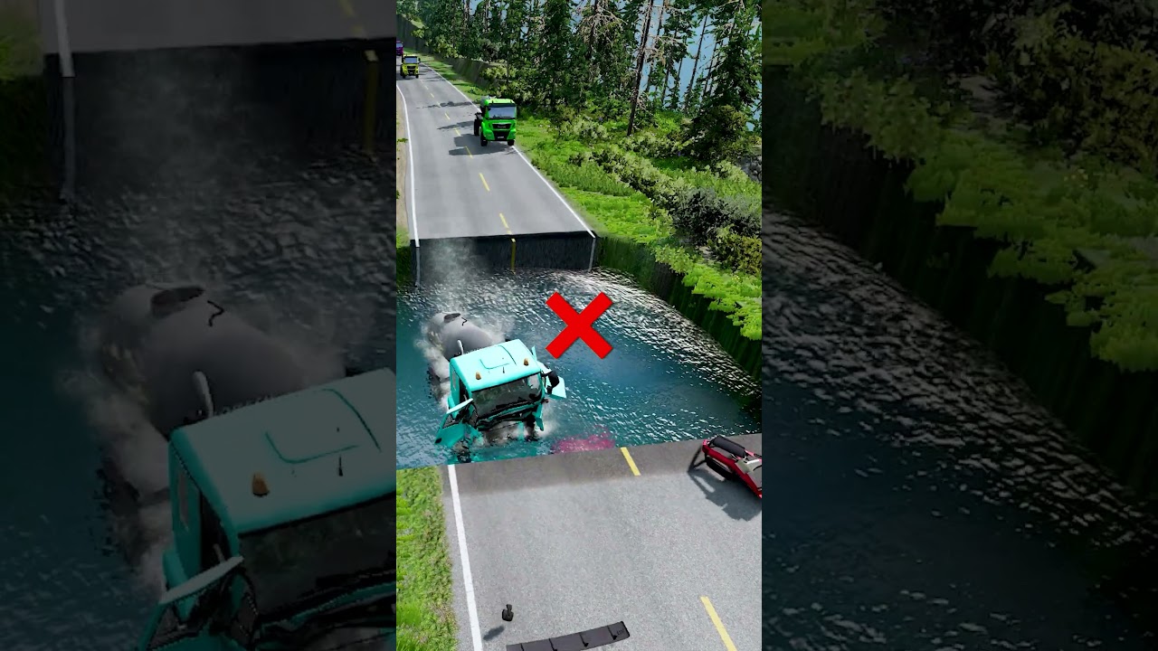 Tanker trucks crossing large water pit #37 | #doublespeedbumps  #carsvswaterpit #carsvsdeepwater