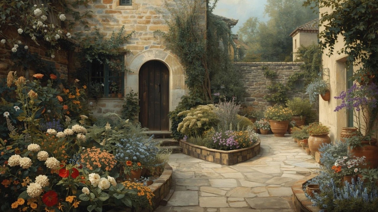 English Stone Courtyard Garden Vintage Painting | Frame TV Art Display | 2-Hour Screensaver
