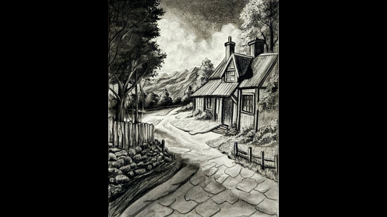 Landscape Drawing with Pencils | Step by Step Charcoal Art | Sky, Clouds, Mountain, Trees, Cottage