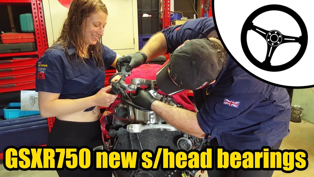 Steering head bearing replacement GSXR750  Ft.  Tool Girl Sarah #1510