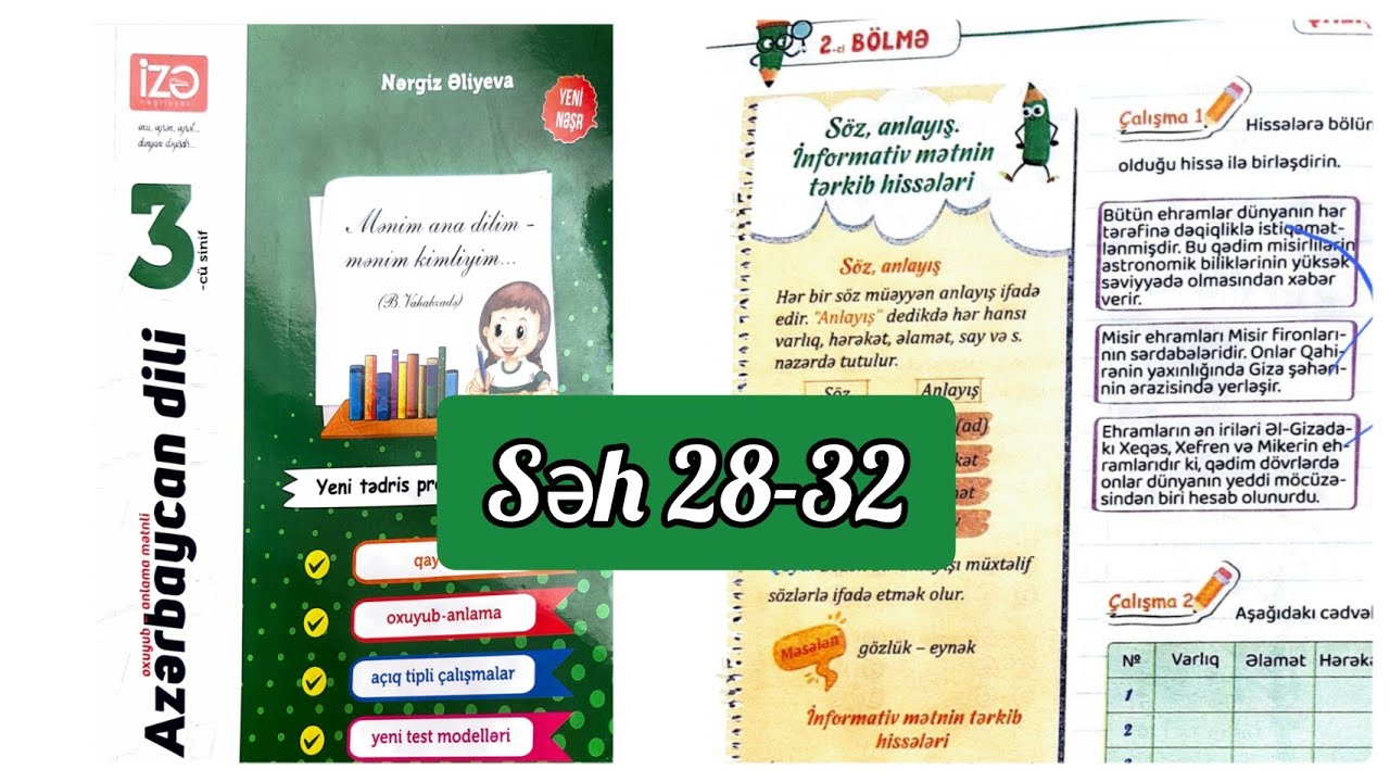 3-cü sinif Azərbaycan dili Izə səh 28,29,30,31,32. Söz,anlayış.  İnformativ mətnin tərkib hissələri