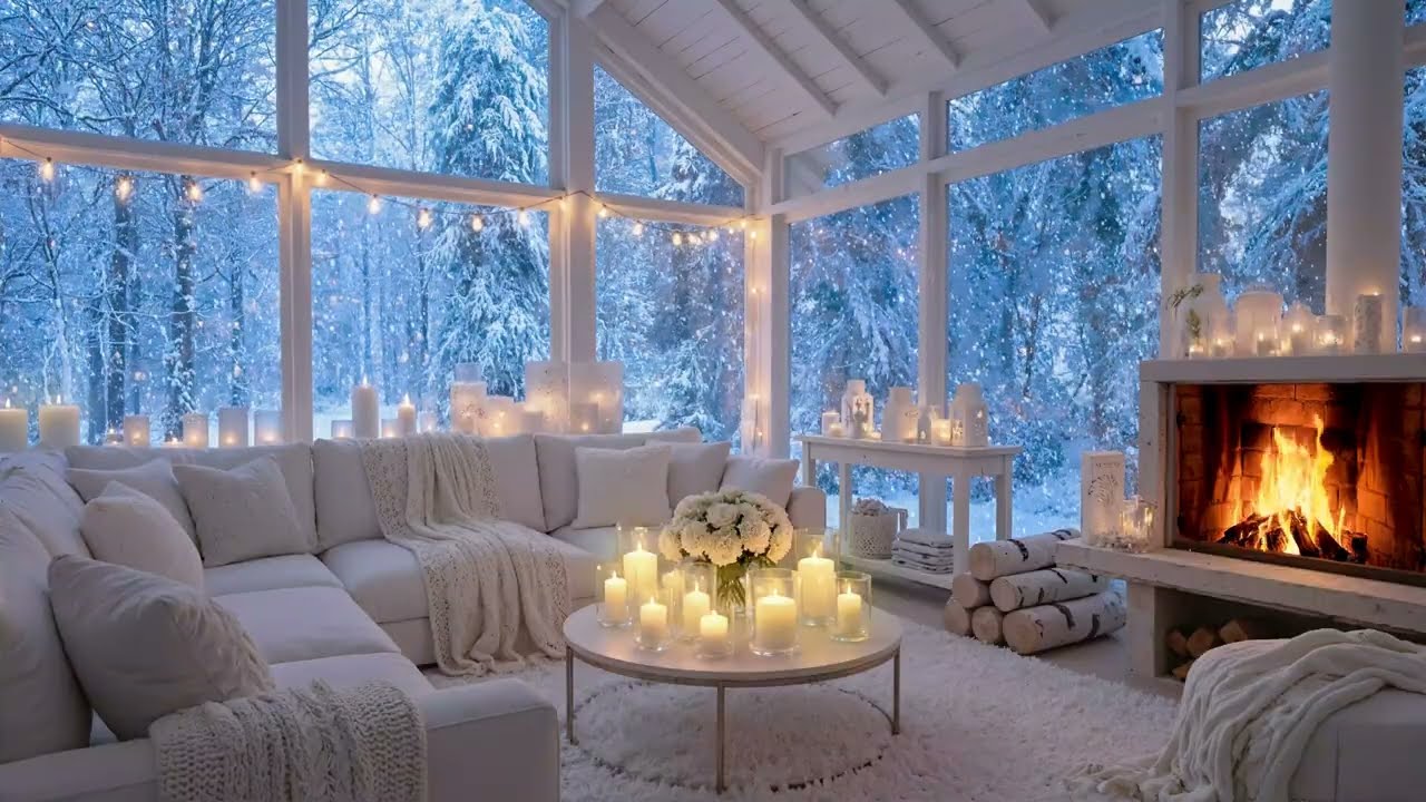 ❄️ Cozy White Lounge Piano | Gentle Fire Crackles & Falling Snow for Deep Relaxation, Focus & Study