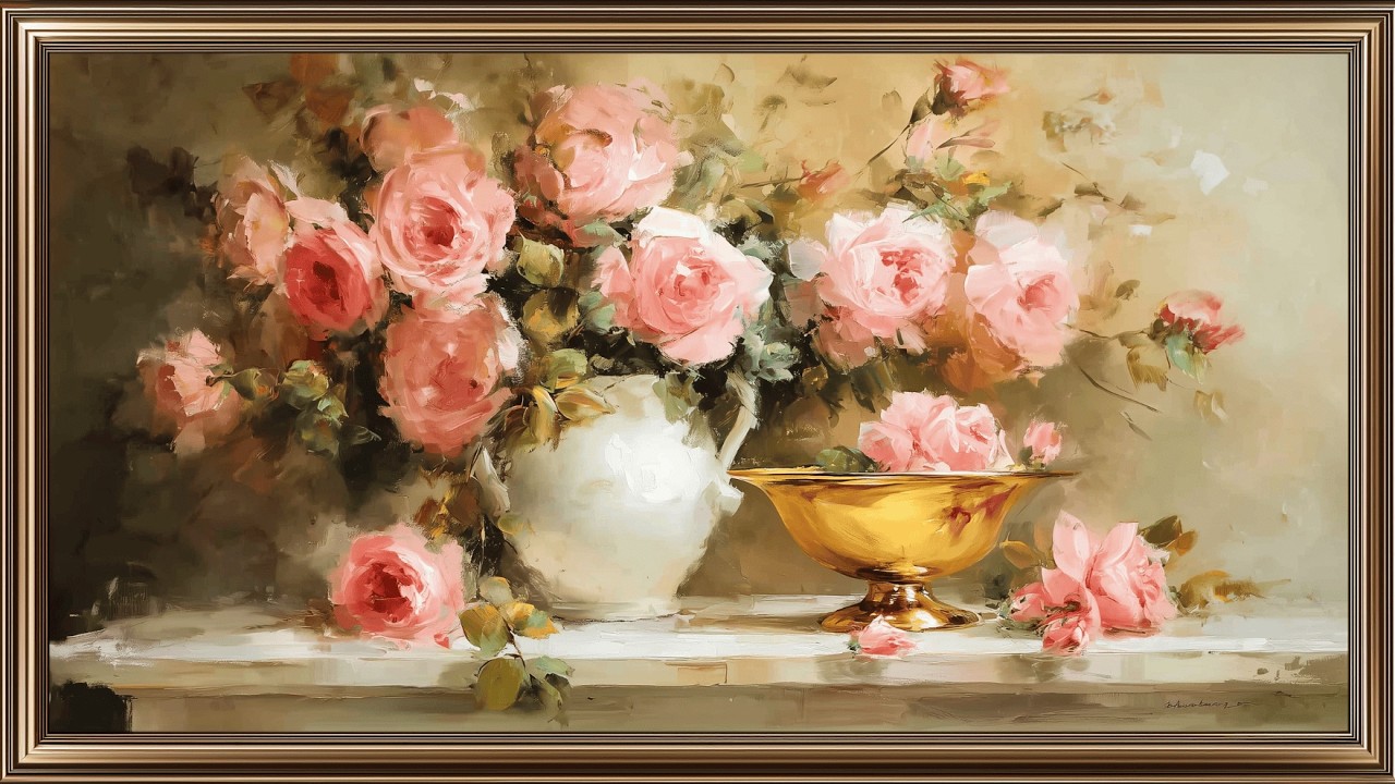 Pink Roses Still Life, White Vase & Gold Bowl | Vintage Framed TV Art Screensaver (No Music)