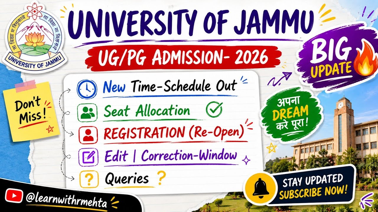 Jammu University UG/PG Admission 2026 |  New-Time Schedule | Registration | Seat Allocation | Edit |
