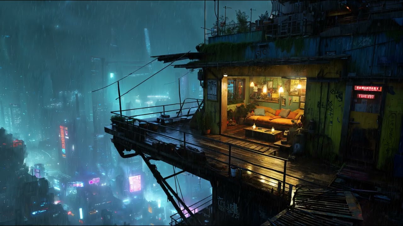 Cyber Lofi Vibes -Cyberpunk Cabin Above the City 🌆 Rainy Chillhop & Lofi Beats | Study & Focus Music