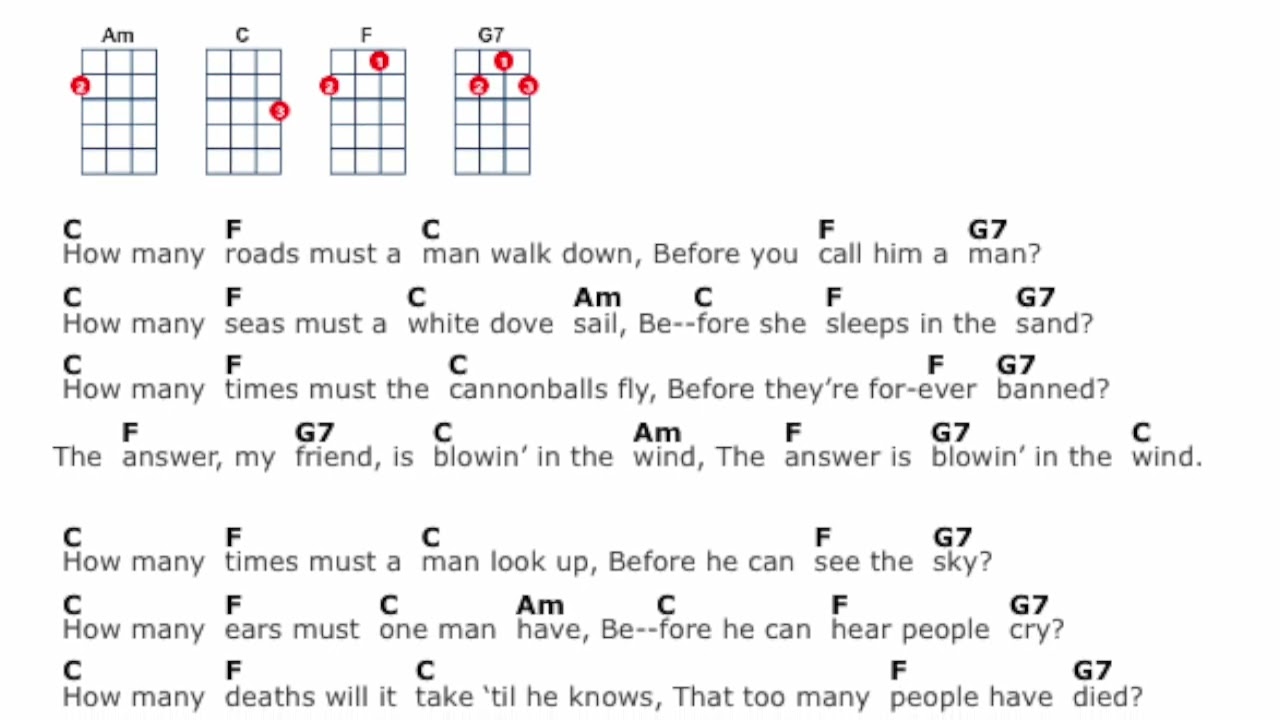 Blowin' in the Wind, Easy Beginner Ukulele Play Along, key of C.