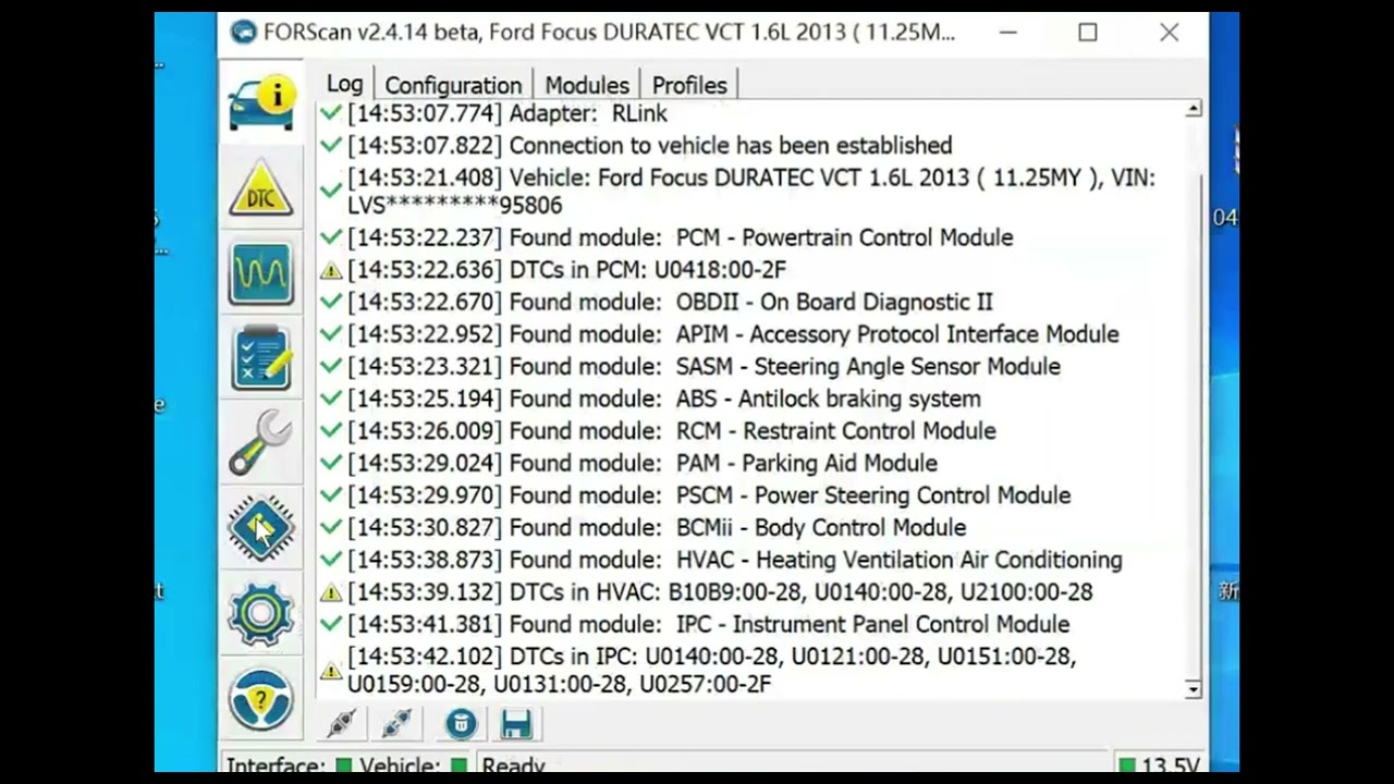 Forscan paired with RLink J2534 to program the ABS control unit of the 2013 Ford Focus