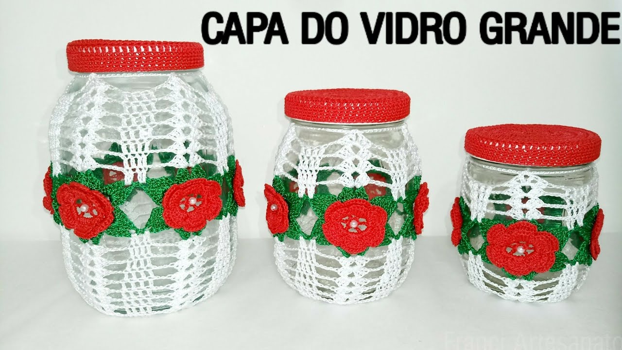 CAPA DE CROCHÊ COM BARRADO DE FLORES: POTE GRANDE - FRANCI ARTESANATO