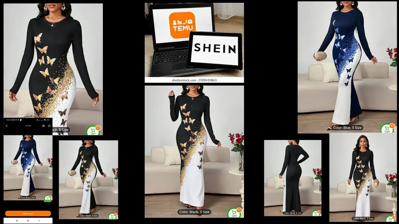 ELEGANT LONG SLEEVE ROUND NECK GRADIENT BUTTERFLY PRINT BODY ON DRESS FOR WOMEN - BLACK TO GOLDEN 