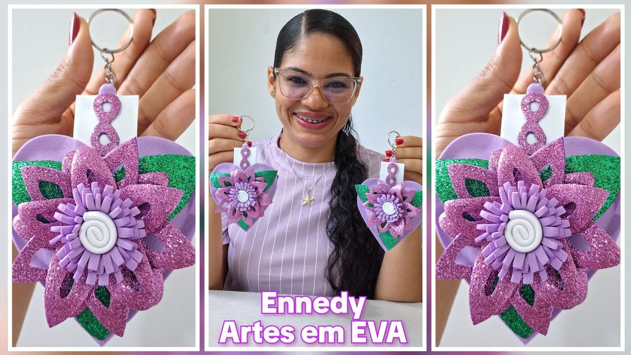 IDEIA NOVA💜🪻Chaveiro em formato de coração com flores em Eva #diadasmulheres