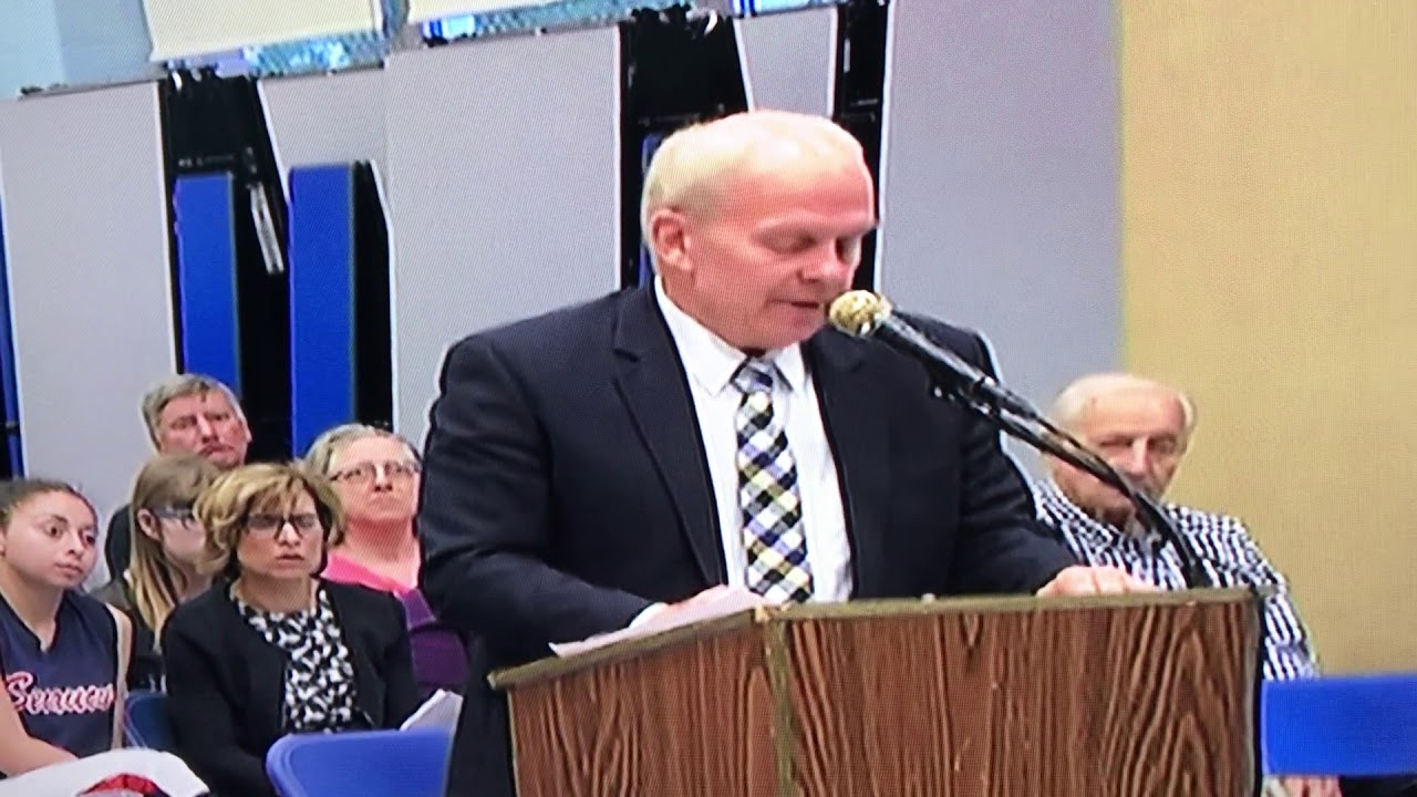 Suspended Secaucus High School Principal Robert Berckes speaks at board of ed meeting, May 10, 2018