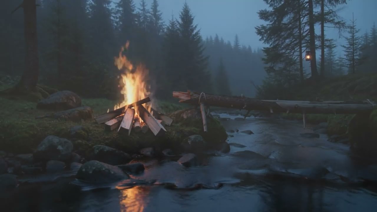 Forest Campfire at Night | Peaceful Winter Sounds Minimal Winter Ambience | Campfire Stream  Silence