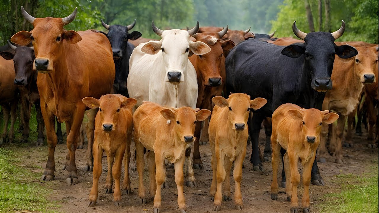 The village cows gather and eat grass - Cows, Cow Sounds, Cow Videos