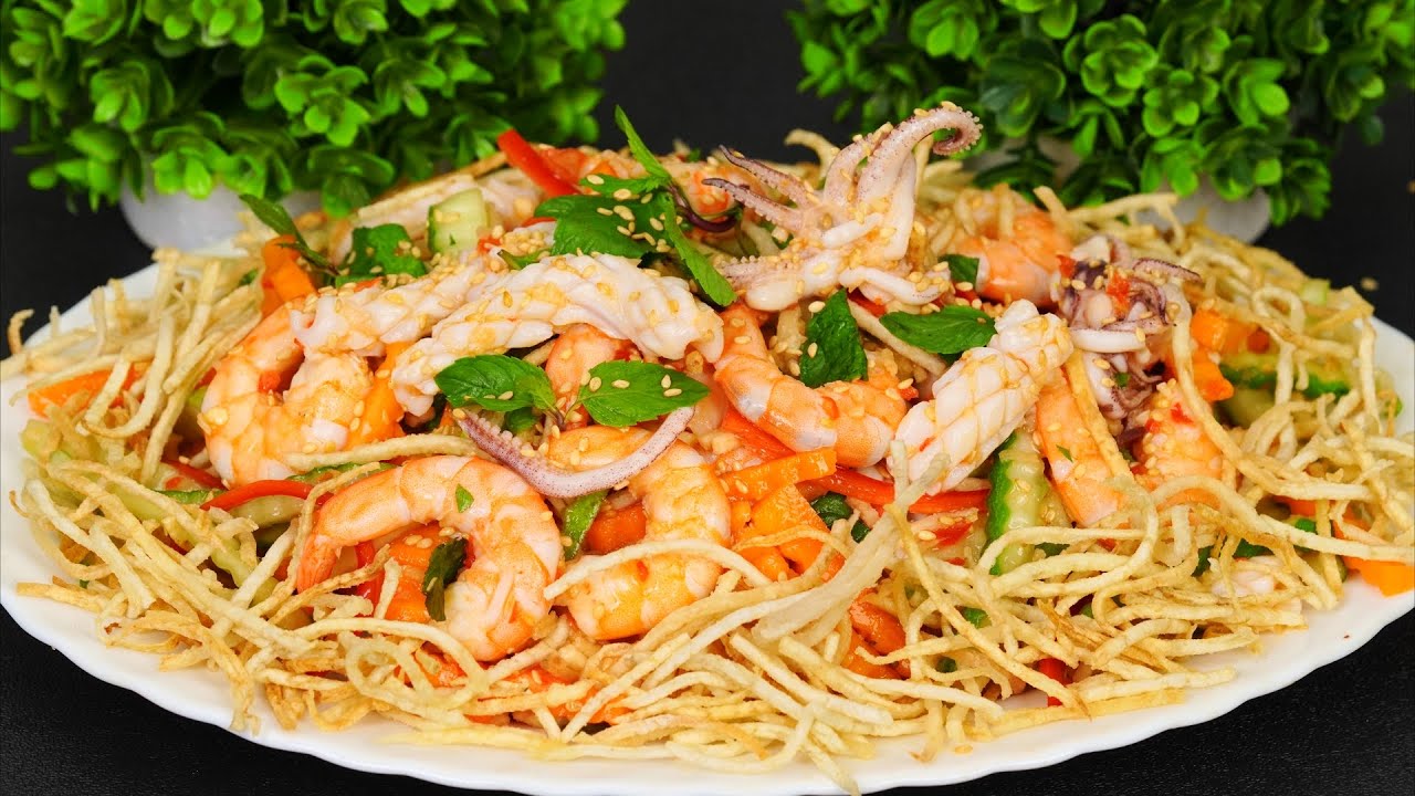 Gỏi Khoai Môn Chiên Giòn Hải Sản - Cách Làm Gỏi Khoai Môn Chiên Giòn Rụm