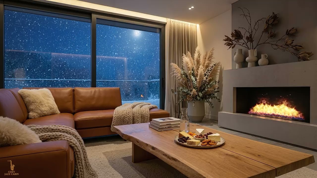 4K Luxury Winter Jazz – Cozy Cabin with Gentle Saxophone Jazz for Work & Relaxing Moments