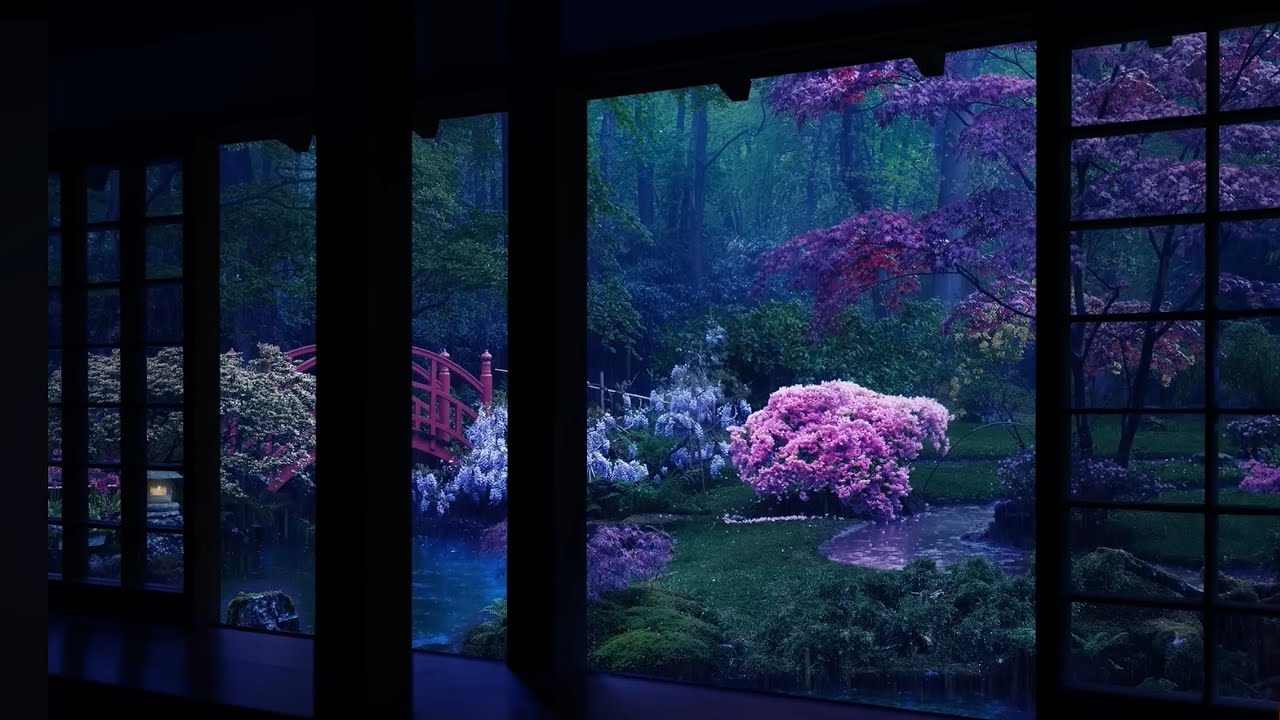 Rain On Japanese Zen Garden At Night 10Hrs | For Sleep, Study, Relaxation |Calmbience Rain Sounds