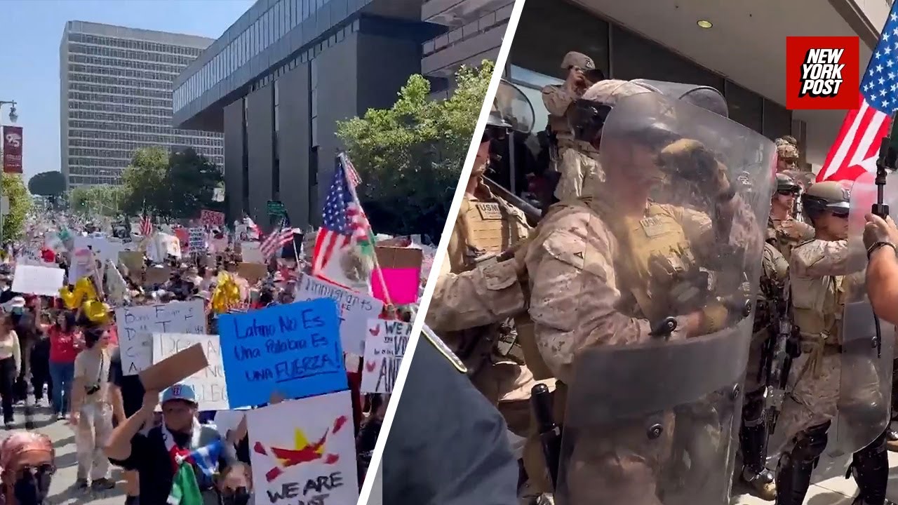 Protesters clash with marines outside Los Angeles federal building during “No Kings” rallies