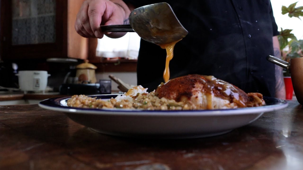 Old Fashioned Cajun Style Baked Chicken and Boudin Flavored Rice Dressing