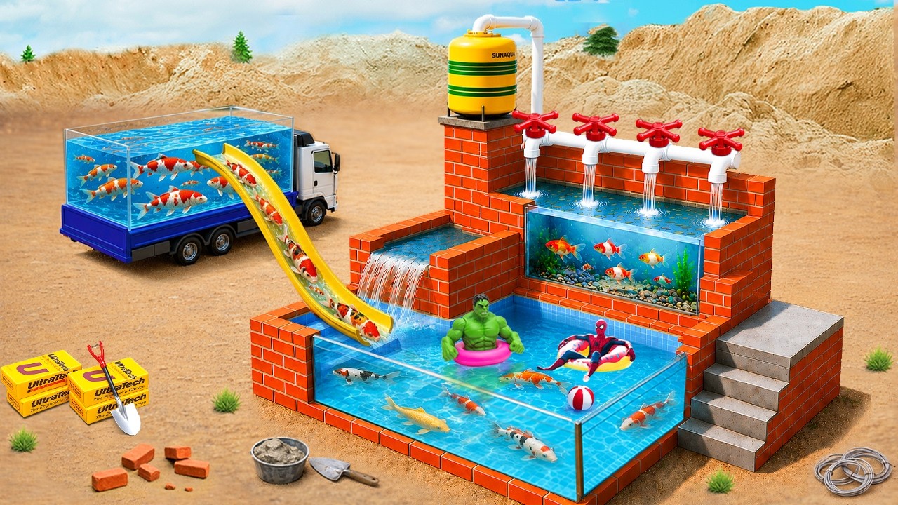DIY Mini Tractor Builds a Brick Fish Pond with an Automatic Water Supply System | Science Project