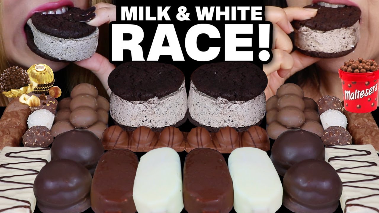 ASMR MILK & WHITE CHOCOLATE RACE! Mini ice cream bars, Maltesers, Zebra chocolate, marshmallows 먹방