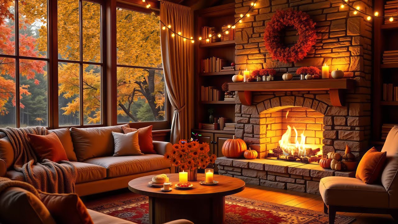 Peaceful Fall Cabin Living Room 🍂 Soft Piano by the Fireplace Glow for Calm & Sleep 🕯️