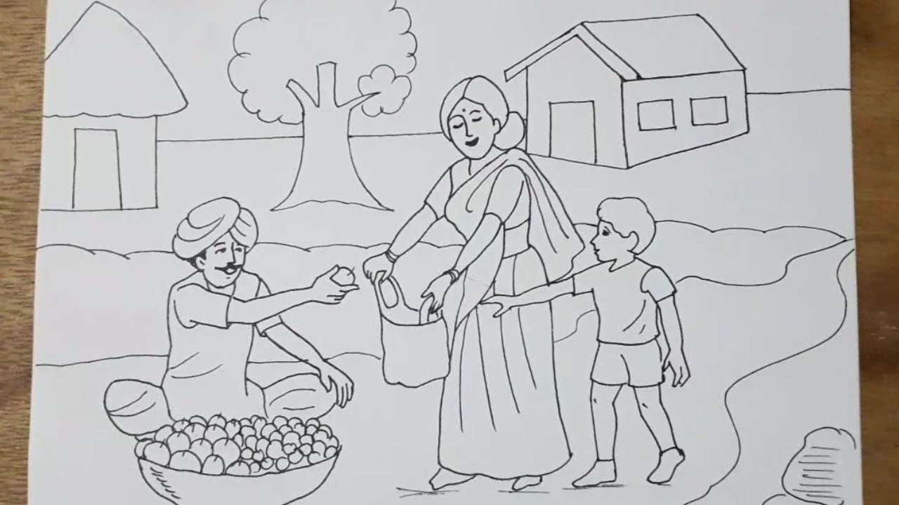 Market drawing step by step/elementary memory drawing of market