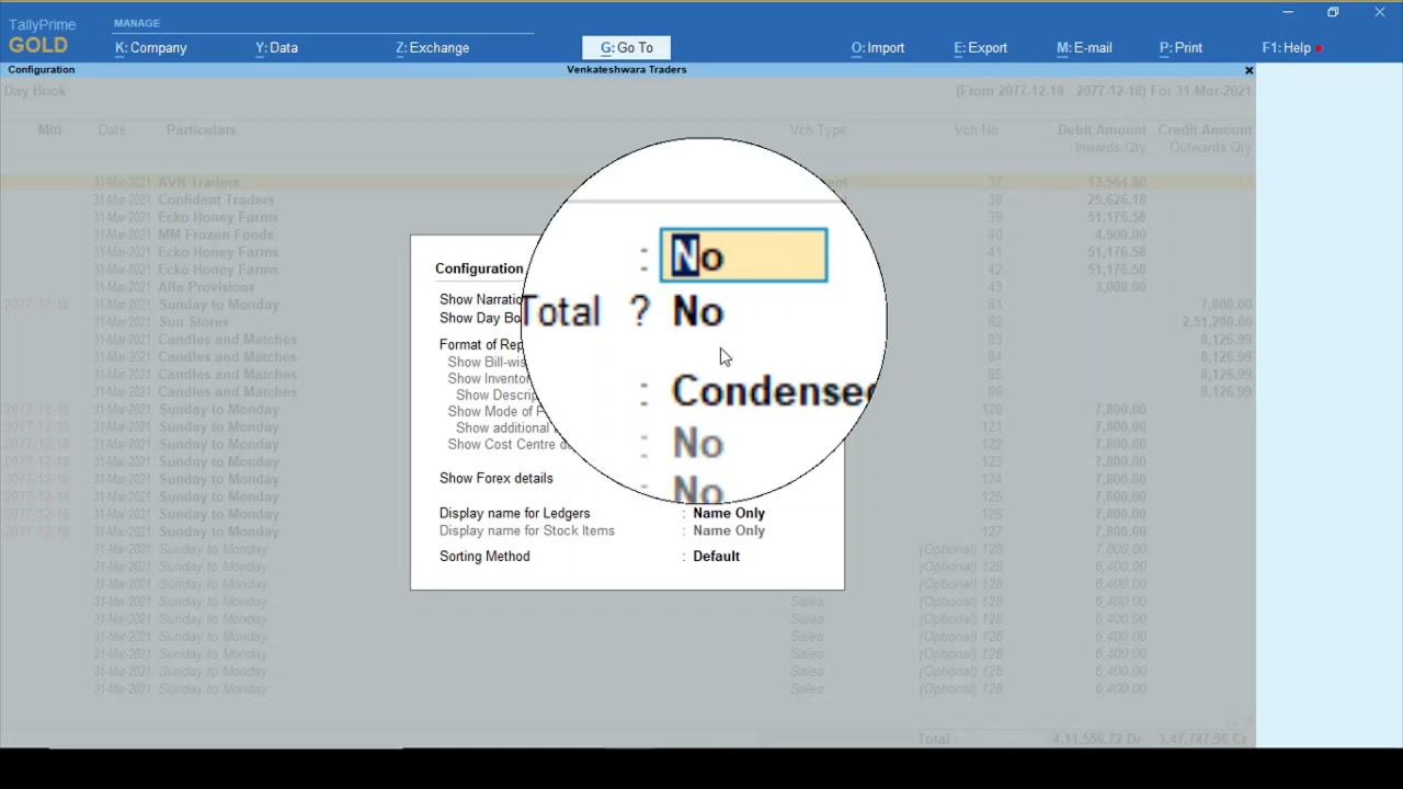 Tally Prime: Day Book bank or cash total
