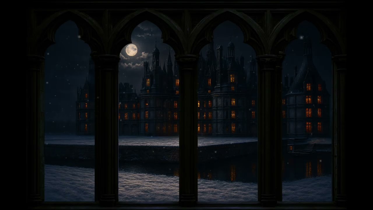 Gothic castle window view 4K for projector 🏰⚔️ snow and windy for Relax 🧘‍♀️