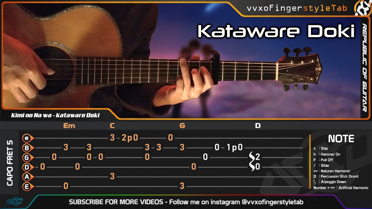 Kimi no Na wa (Your name) - Kataware Doki - RADWIMPS - Fingerstyle Guitar Cover | TAB Tutorial