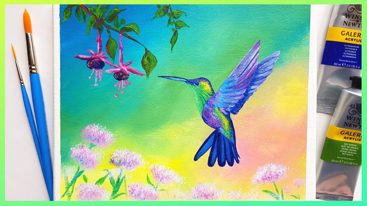 Hummingbird acrylic painting tutorial🎨Hummingbird easy acrylic painting using only 4 colours🎨💛💚💙💖