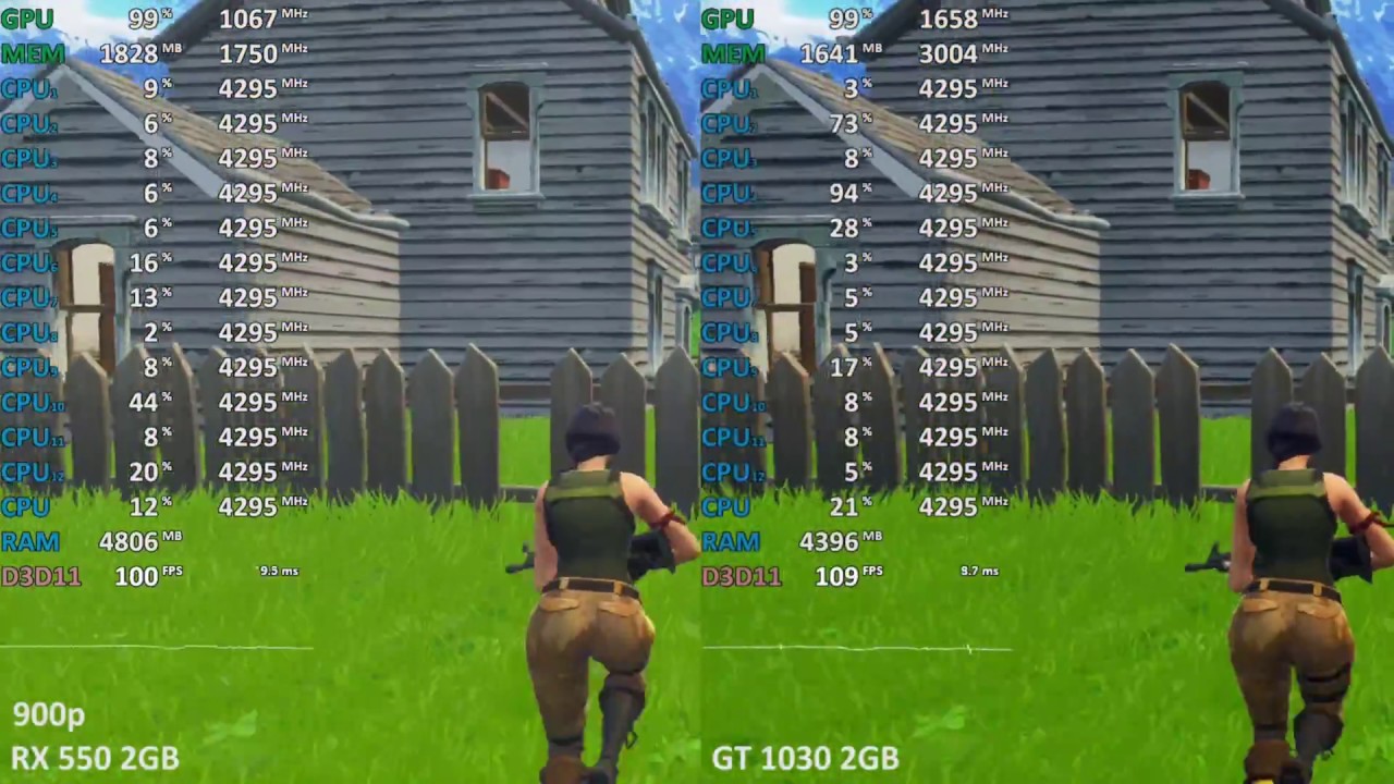 GeForce GT 1030 vs. Radeon RX 550 in Fortnite: Battle Royale. 900p, 1080p, 1440p