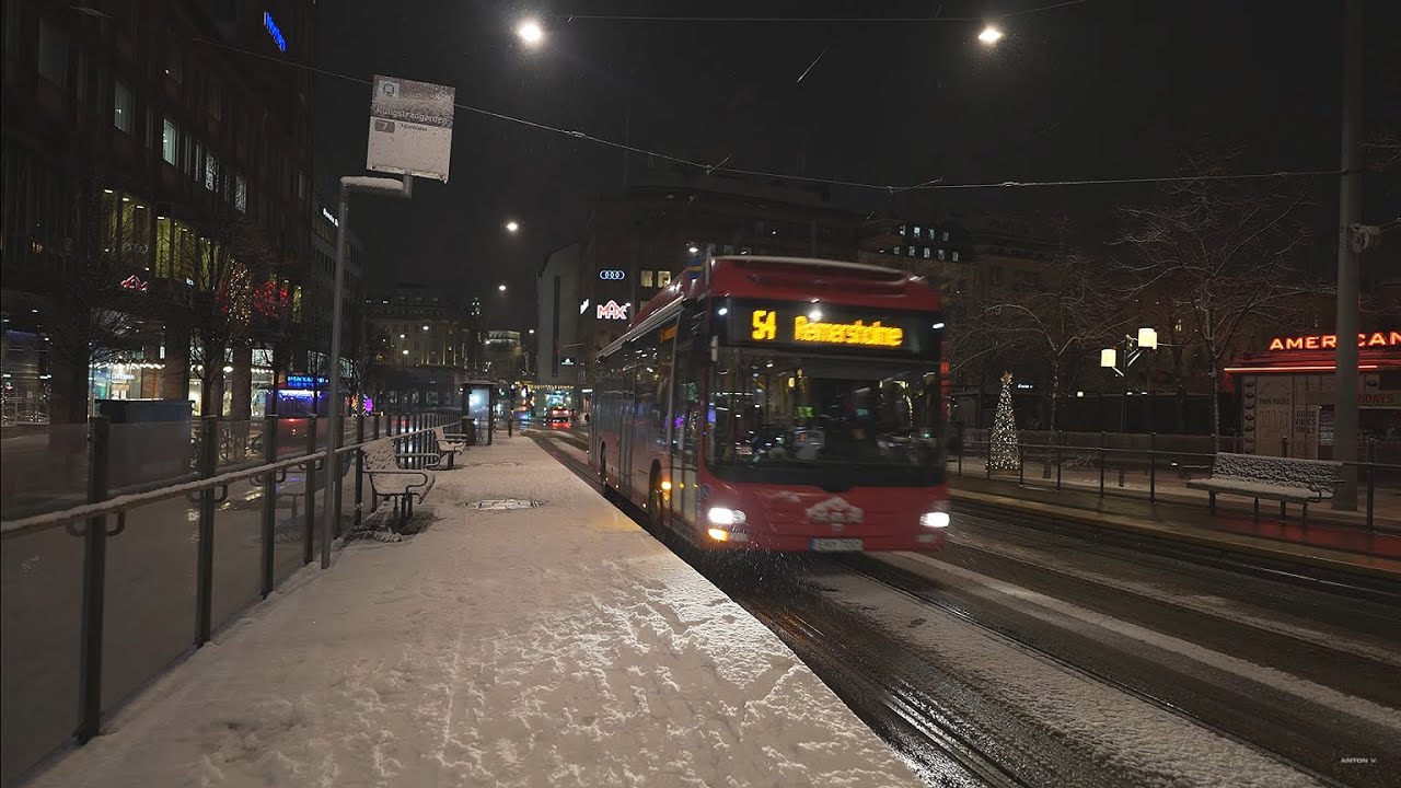 Sweden, Stockholm, bus 54 winter night ride from Kungstr&auml;dg&aring;rden to Bergsunds strand