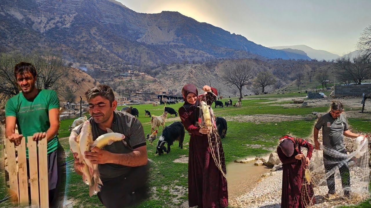 🎬 YouTube Title🏞️ Nomadic Life in the Wild | Akram & Her Brother Fishing in a Rushing River 🎣🐟