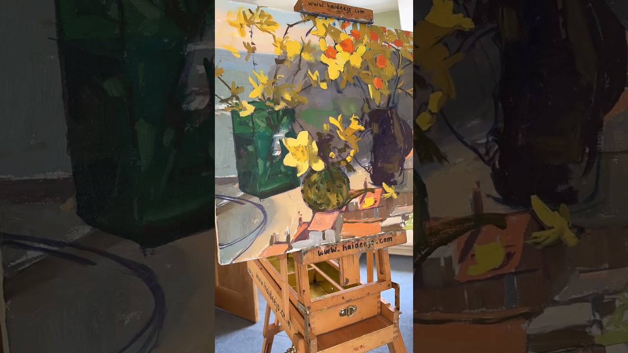 Take one unfinished seascape painting and add flowers from the garden 🧡