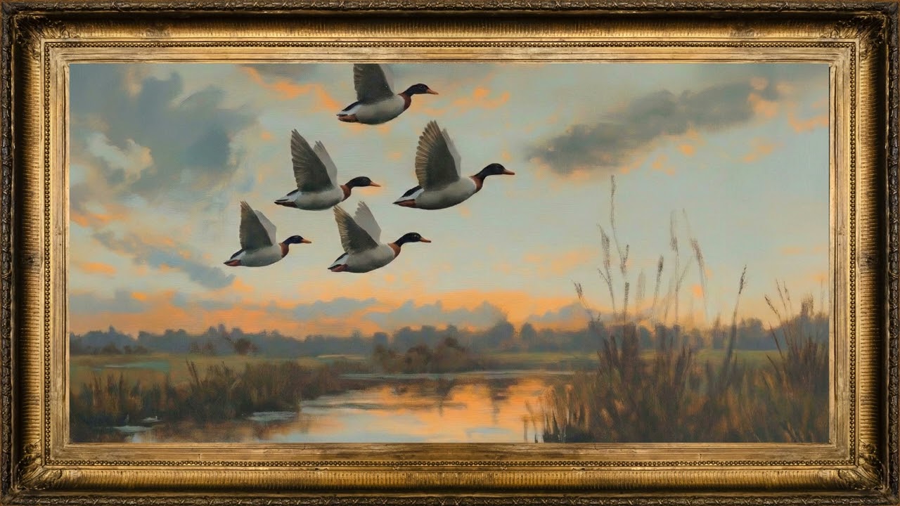 Vintage Flying Ducks at Sunset &bull; 4K Frame TV Art &bull; Rustic Wetland Landscape  Cozyland Prints