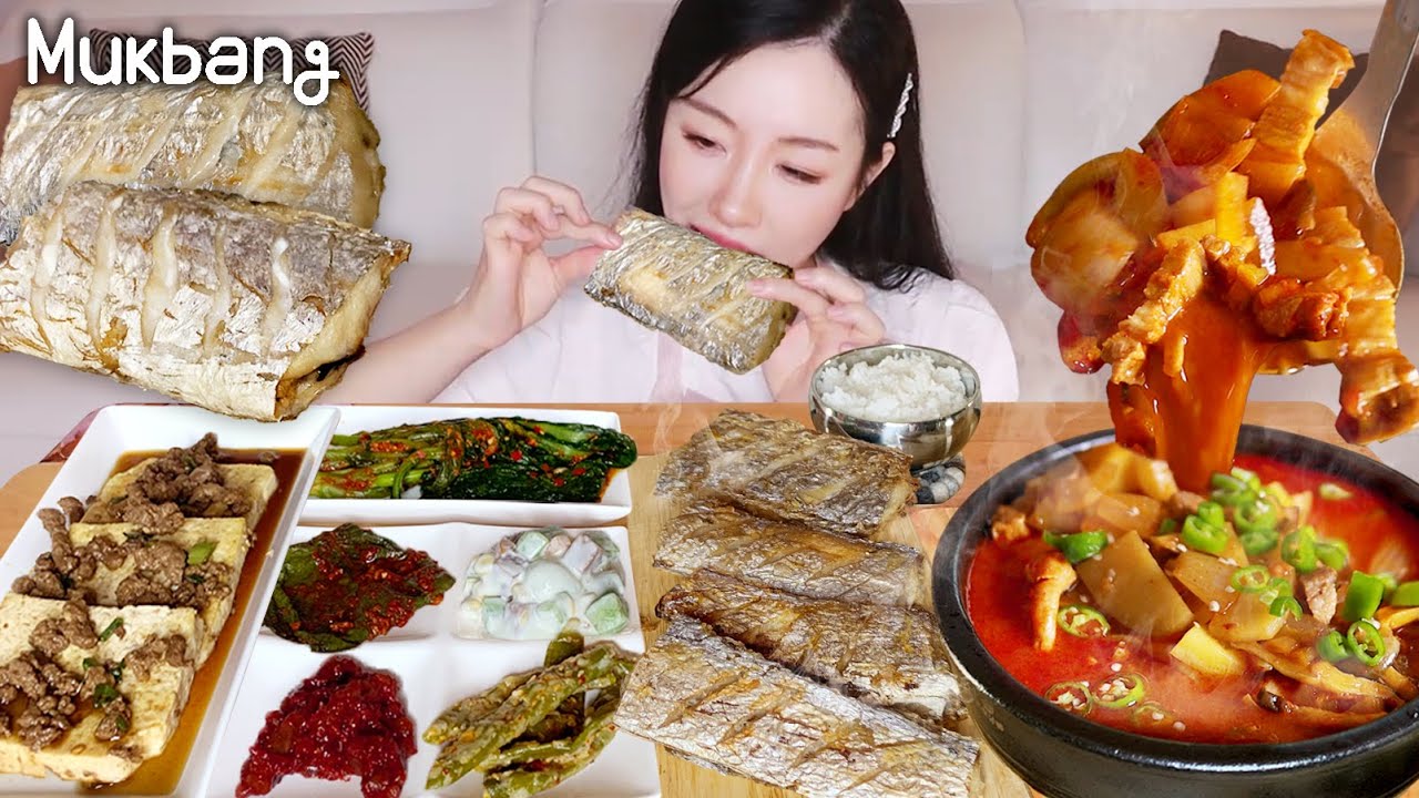 Korean home-style meal(Roasted fish,Pork red pepper paste stew,kimchi,braised bean curd)ASMR MUKBANG