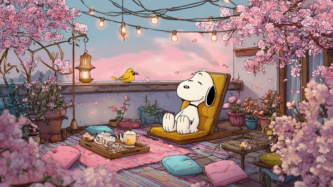 Snoopy Golden Spring Dusk 🌷 Gentle Piano Lofi Calm