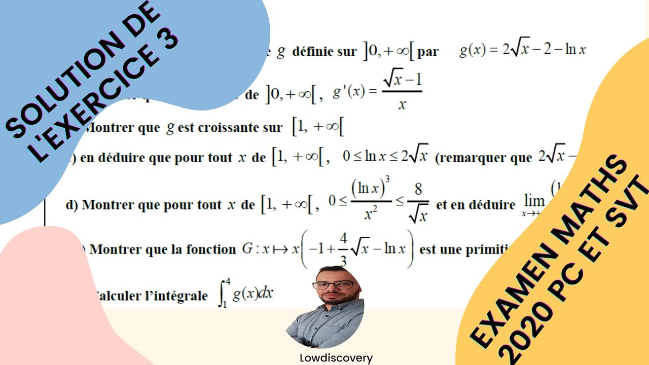 solution exercice 3 (fonction logarithme ln) examen national 2020 Mathématiques session normal