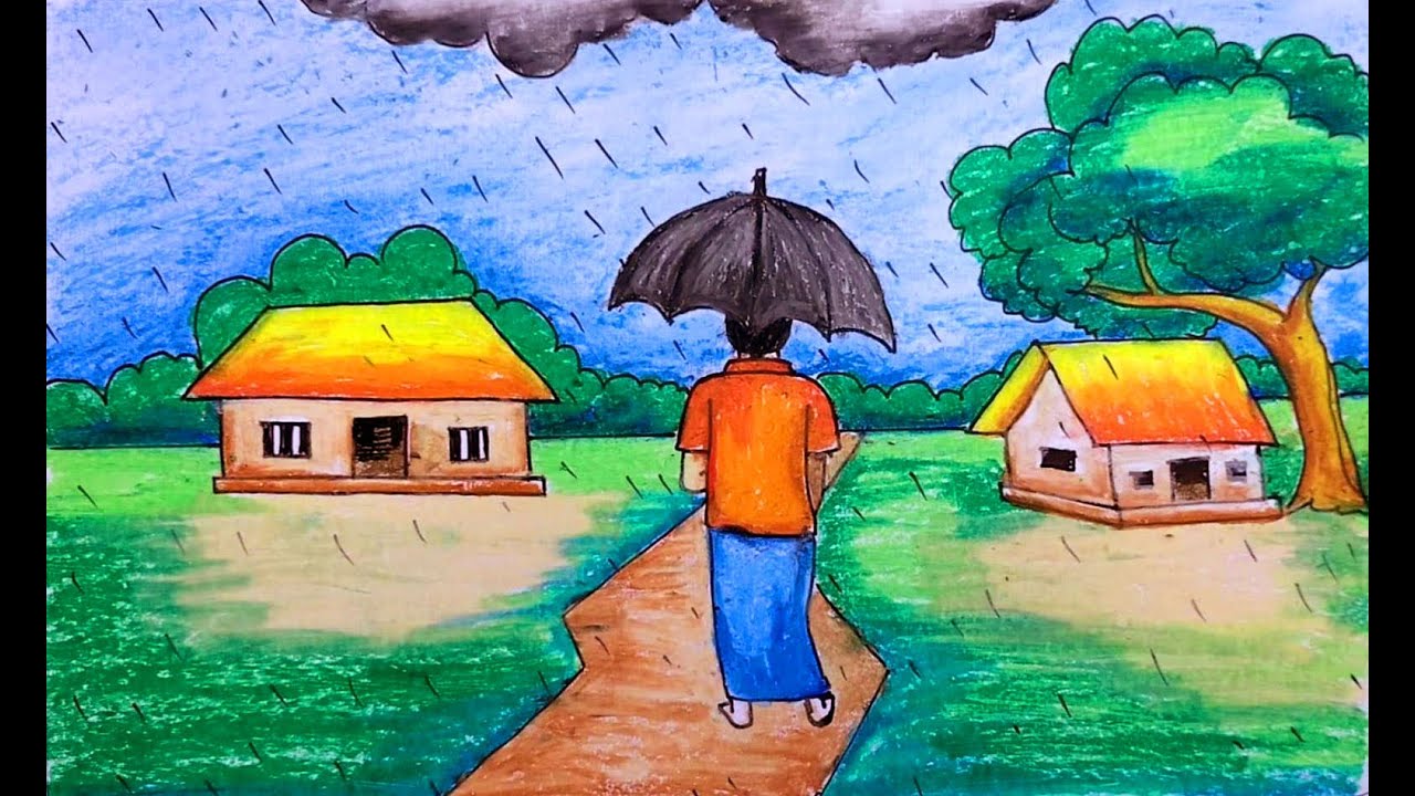 বর্ষা কালের দৃশ্য, How to rainy season scenery step by step easy