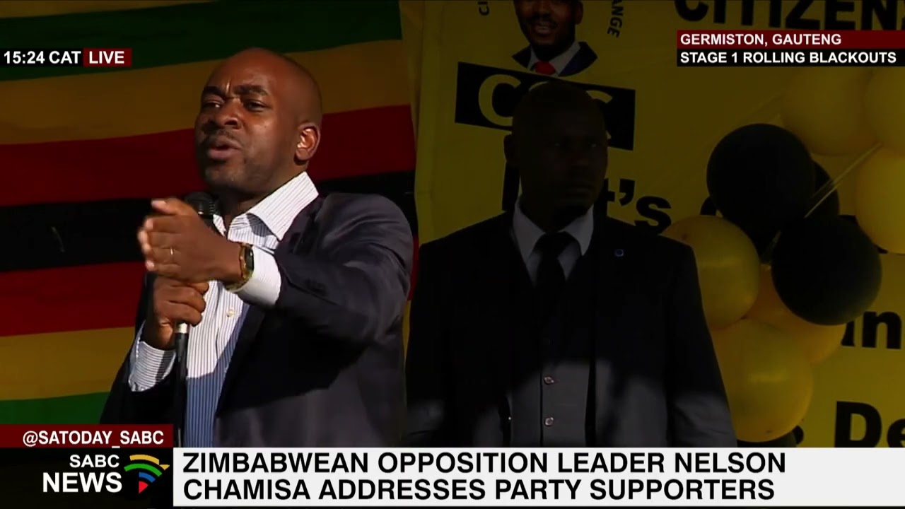 Zimbabwean opposition leader Nelson Chamisa addresses party supporters