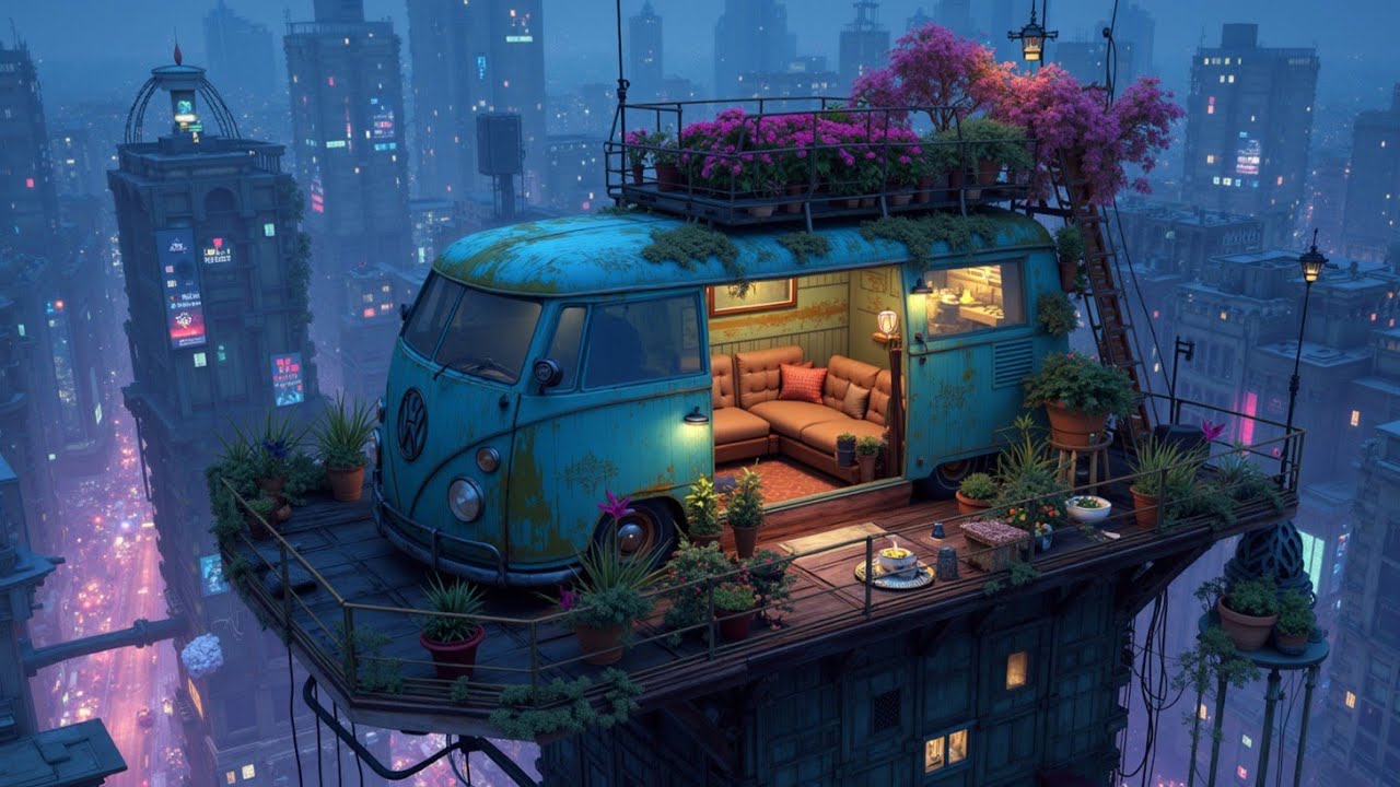 Lofi Hip Hop Vibes &ndash; Retro Van Rooftop Chill | Urban Night Study & Relax