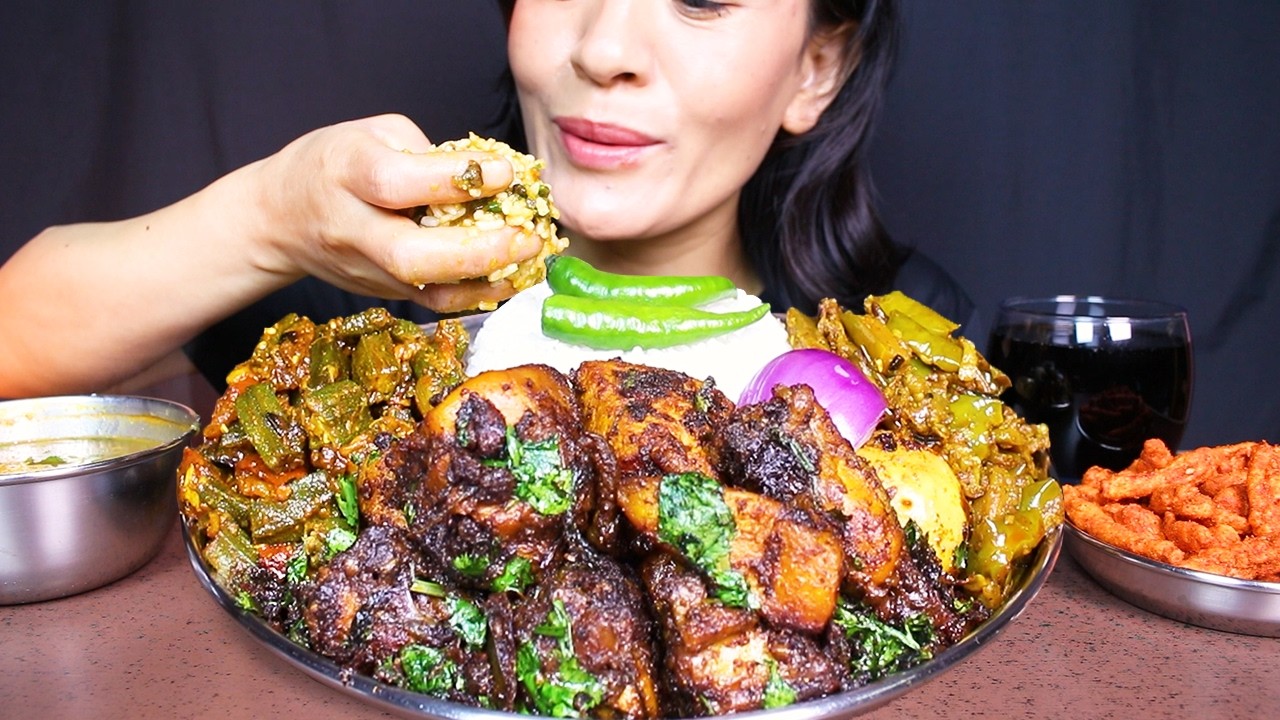 Eating Chicken Masala, Ladyfinger/okra Masala, Baingan/brinjal Masala and Rice #ASMR EATING SHOW