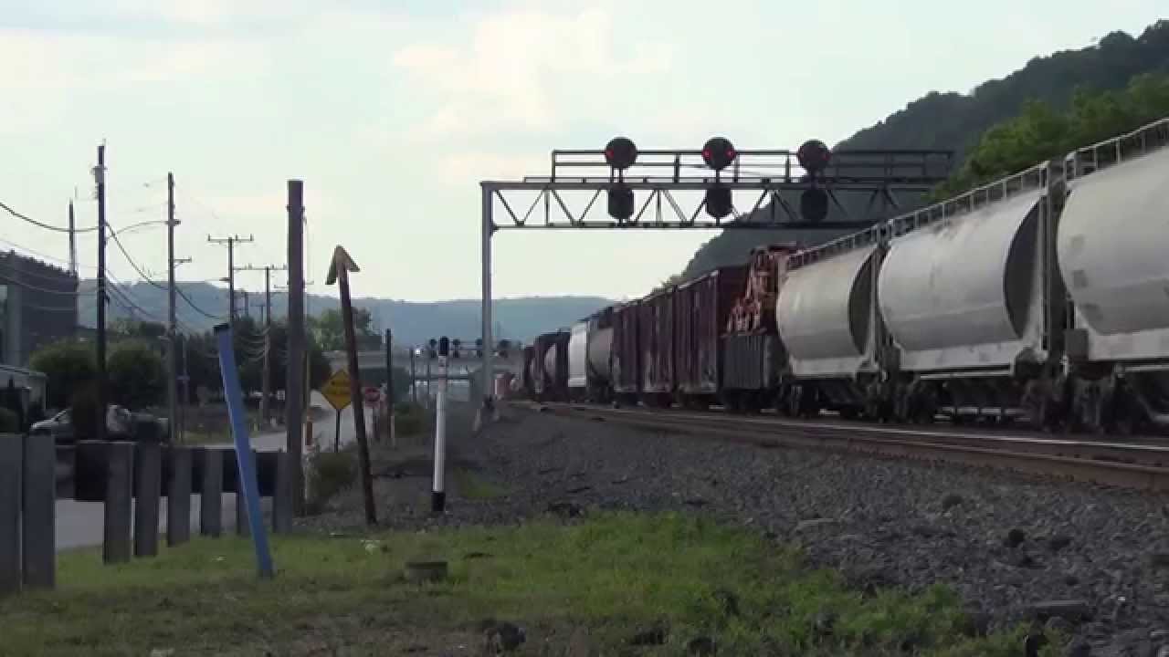 NS #2698, 9023 & 9656 approach PRR signal bridge @ Leetsdale, PA with mixed freight  6/22/14